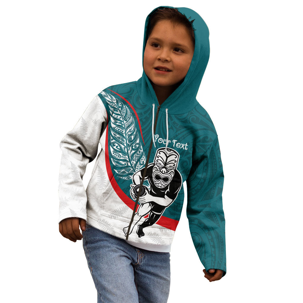 Personalised Aotearoa Lawn Bowls Kid Hoodie Maori Warrior and Silver Fern Sporty Style Teal