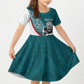 Personalised Aotearoa Lawn Bowls Kid Short Sleeve Dress Maori Warrior and Silver Fern Sporty Style Teal