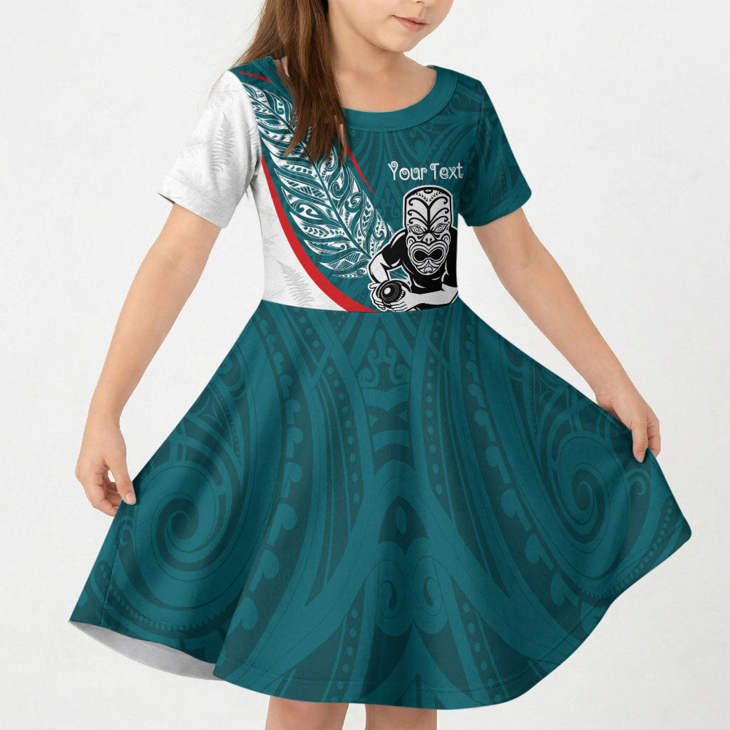 Personalised Aotearoa Lawn Bowls Kid Short Sleeve Dress Maori Warrior and Silver Fern Sporty Style Teal