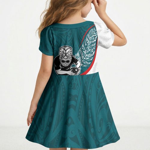 Personalised Aotearoa Lawn Bowls Kid Short Sleeve Dress Maori Warrior and Silver Fern Sporty Style Teal