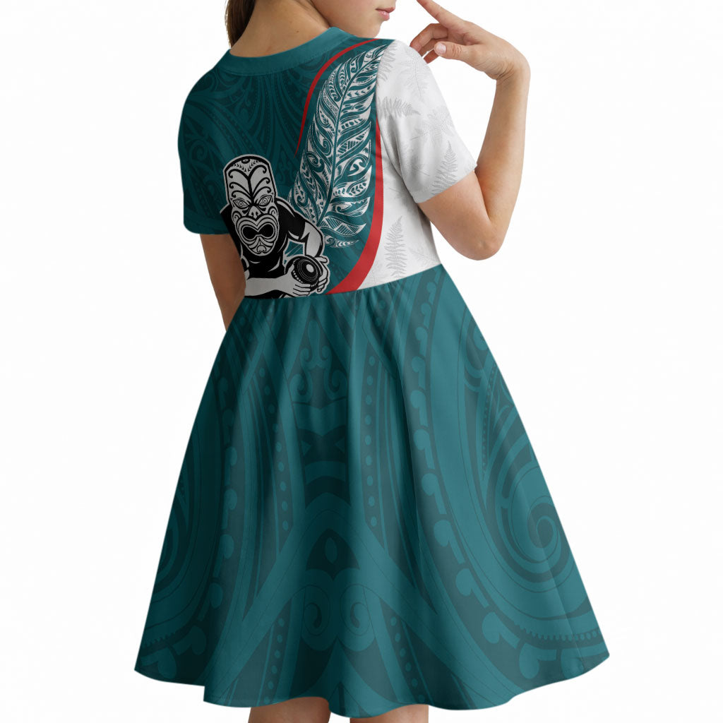 Personalised Aotearoa Lawn Bowls Kid Short Sleeve Dress Maori Warrior and Silver Fern Sporty Style Teal
