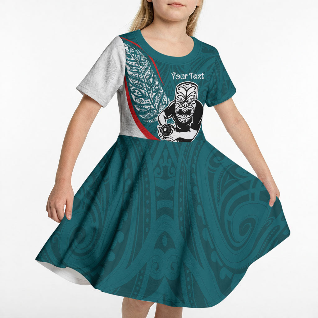 Personalised Aotearoa Lawn Bowls Kid Short Sleeve Dress Maori Warrior and Silver Fern Sporty Style Teal