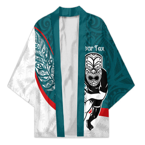 Personalised Aotearoa Lawn Bowls Kimono Maori Warrior and Silver Fern Sporty Style Teal