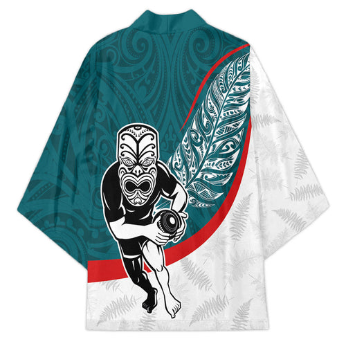 Personalised Aotearoa Lawn Bowls Kimono Maori Warrior and Silver Fern Sporty Style Teal