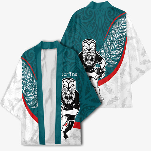 Personalised Aotearoa Lawn Bowls Kimono Maori Warrior and Silver Fern Sporty Style Teal