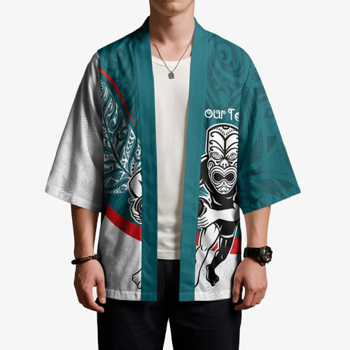 Personalised Aotearoa Lawn Bowls Kimono Maori Warrior and Silver Fern Sporty Style Teal