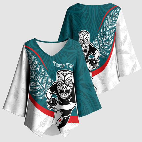 Personalised Aotearoa Lawn Bowls Kimono Sleeve Blouse Maori Warrior and Silver Fern Sporty Style Teal