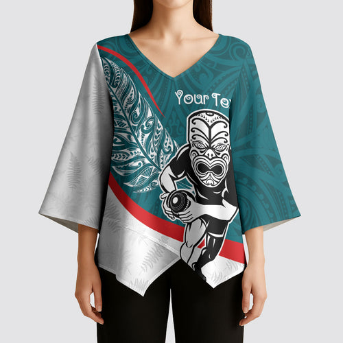 Personalised Aotearoa Lawn Bowls Kimono Sleeve Blouse Maori Warrior and Silver Fern Sporty Style Teal