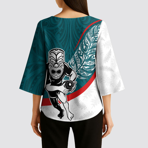Personalised Aotearoa Lawn Bowls Kimono Sleeve Blouse Maori Warrior and Silver Fern Sporty Style Teal