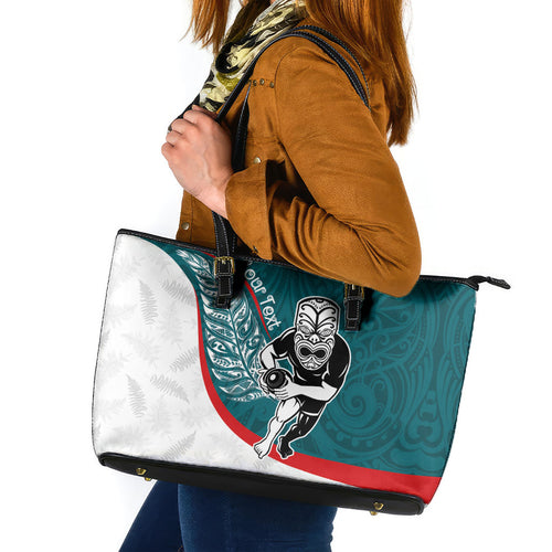 Personalised Aotearoa Lawn Bowls Leather Tote Bag Maori Warrior and Silver Fern Sporty Style Teal