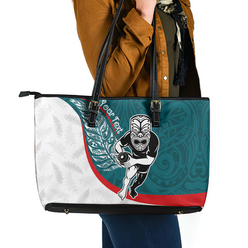Personalised Aotearoa Lawn Bowls Leather Tote Bag Maori Warrior and Silver Fern Sporty Style Teal
