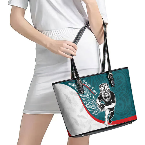 Personalised Aotearoa Lawn Bowls Leather Tote Bag Maori Warrior and Silver Fern Sporty Style Teal