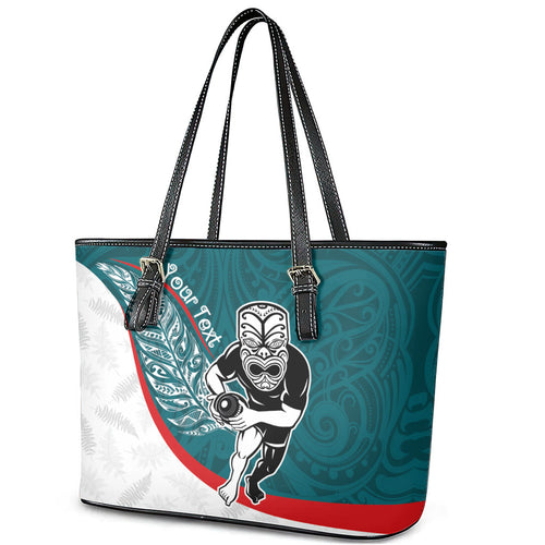 Personalised Aotearoa Lawn Bowls Leather Tote Bag Maori Warrior and Silver Fern Sporty Style Teal