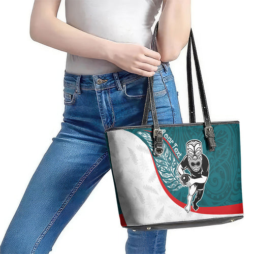 Personalised Aotearoa Lawn Bowls Leather Tote Bag Maori Warrior and Silver Fern Sporty Style Teal