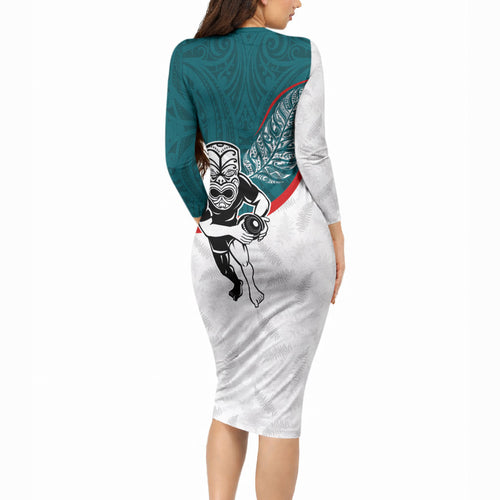 Personalised Aotearoa Lawn Bowls Long Sleeve Bodycon Dress Maori Warrior and Silver Fern Sporty Style Teal