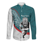 Personalised Aotearoa Lawn Bowls Long Sleeve Button Shirt Maori Warrior and Silver Fern Sporty Style Teal