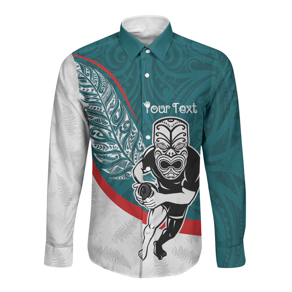 Personalised Aotearoa Lawn Bowls Long Sleeve Button Shirt Maori Warrior and Silver Fern Sporty Style Teal