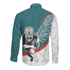 Personalised Aotearoa Lawn Bowls Long Sleeve Button Shirt Maori Warrior and Silver Fern Sporty Style Teal