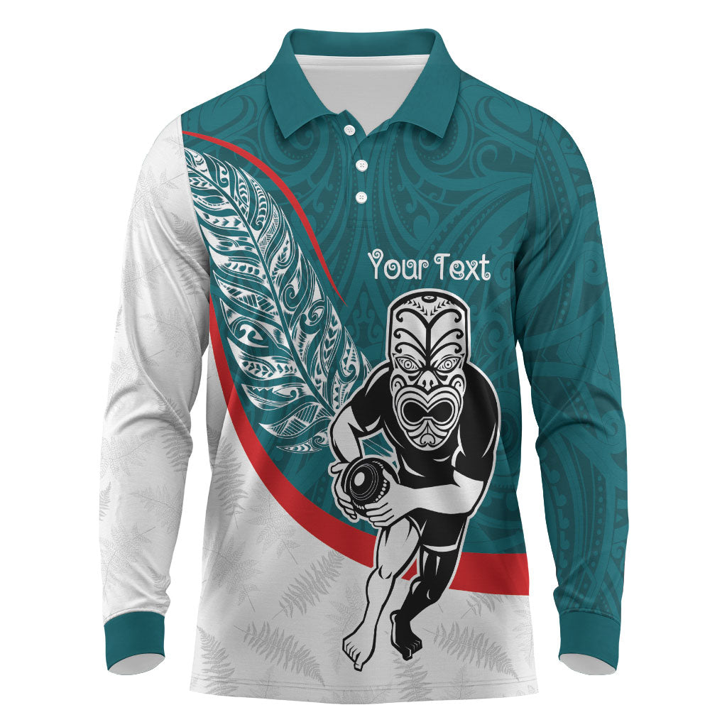 Personalised Aotearoa Lawn Bowls Long Sleeve Polo Shirt Maori Warrior and Silver Fern Sporty Style Teal