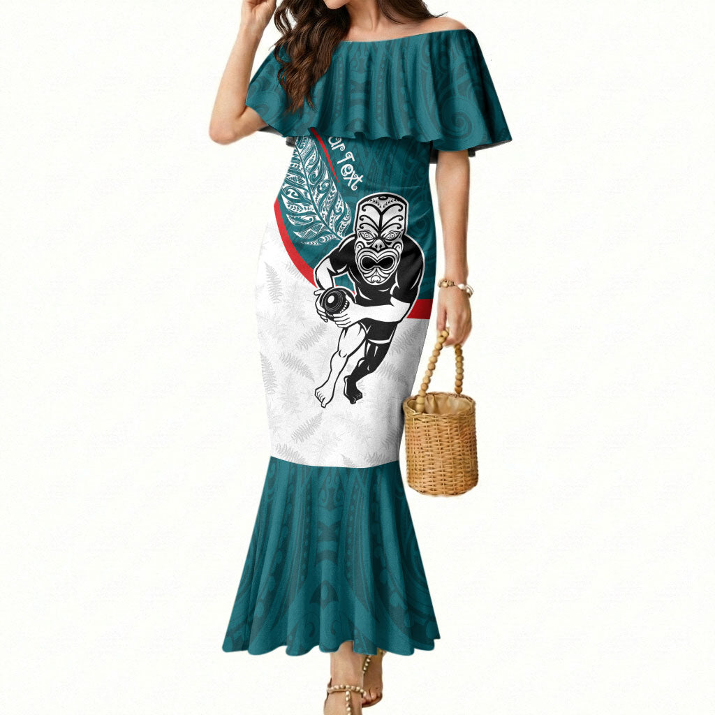 Personalised Aotearoa Lawn Bowls Mermaid Dress Maori Warrior and Silver Fern Sporty Style Teal