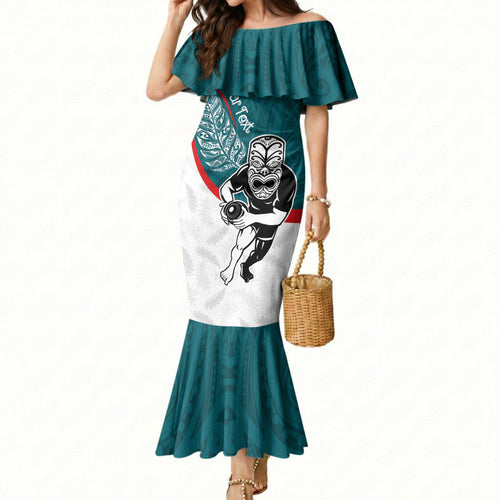 Personalised Aotearoa Lawn Bowls Mermaid Dress Maori Warrior and Silver Fern Sporty Style Teal