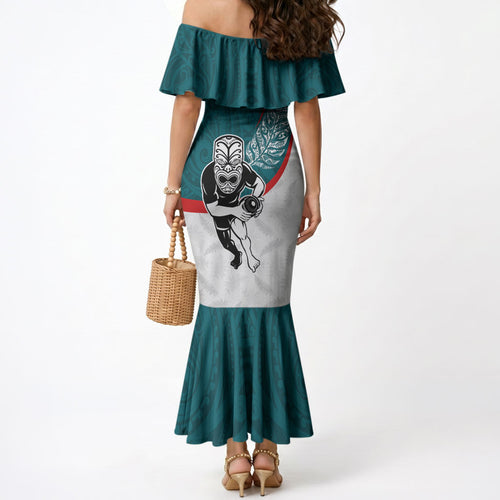 Personalised Aotearoa Lawn Bowls Mermaid Dress Maori Warrior and Silver Fern Sporty Style Teal