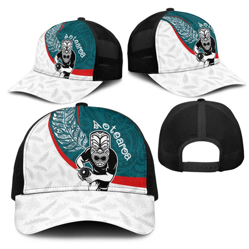 Aotearoa Lawn Bowls Mesh Trucker Cap Maori Warrior and Silver Fern Sporty Style Teal