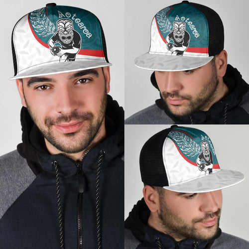 Aotearoa Lawn Bowls Mesh Trucker Cap Maori Warrior and Silver Fern Sporty Style Teal
