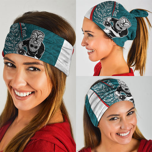 Personalised Aotearoa Lawn Bowls Neck Gaiter Maori Warrior and Silver Fern Sporty Style Teal