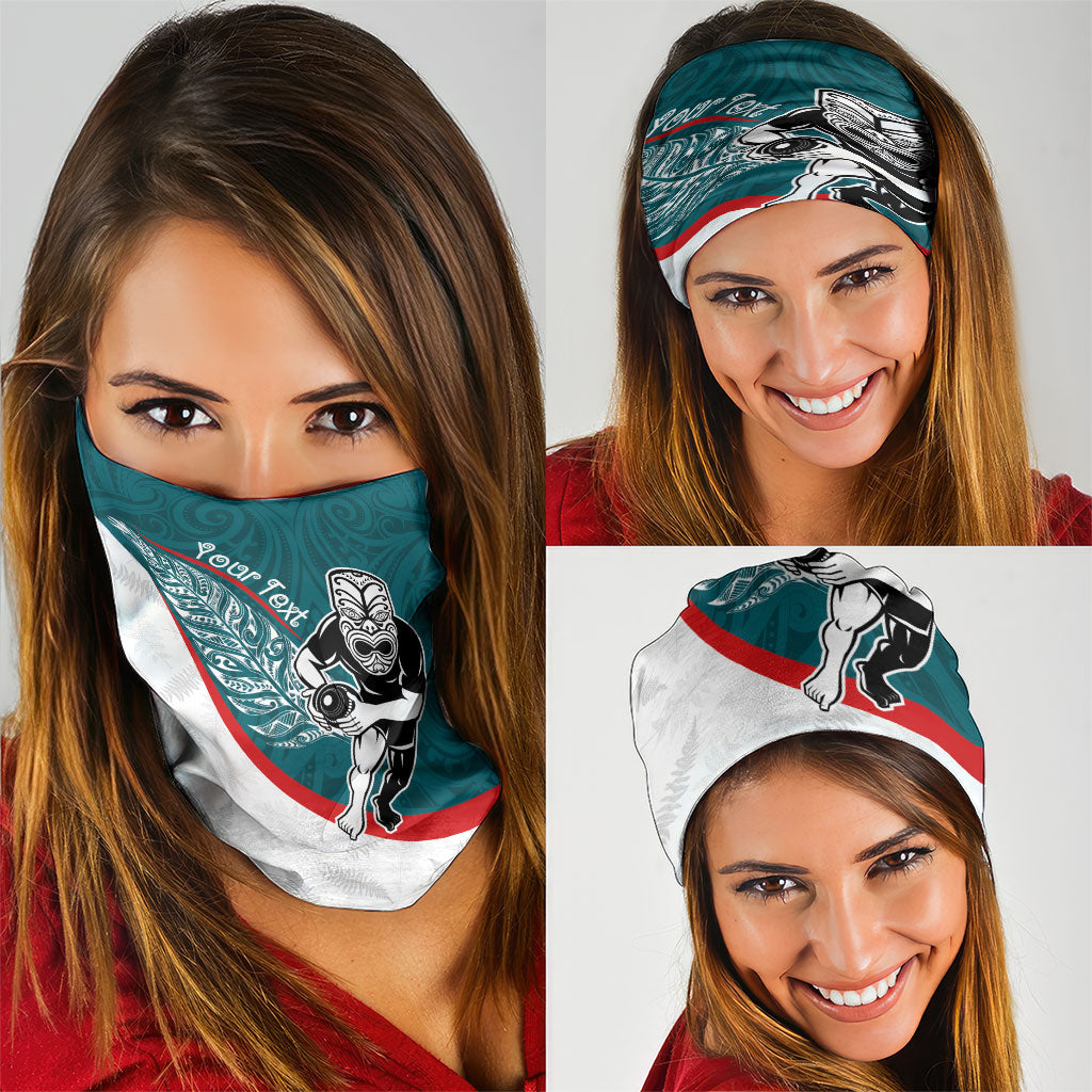 Personalised Aotearoa Lawn Bowls Neck Gaiter Maori Warrior and Silver Fern Sporty Style Teal