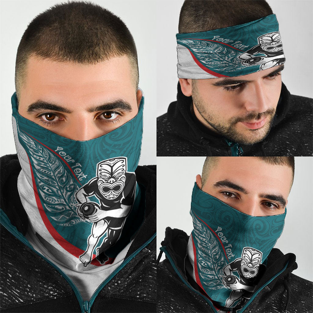 Personalised Aotearoa Lawn Bowls Neck Gaiter Maori Warrior and Silver Fern Sporty Style Teal