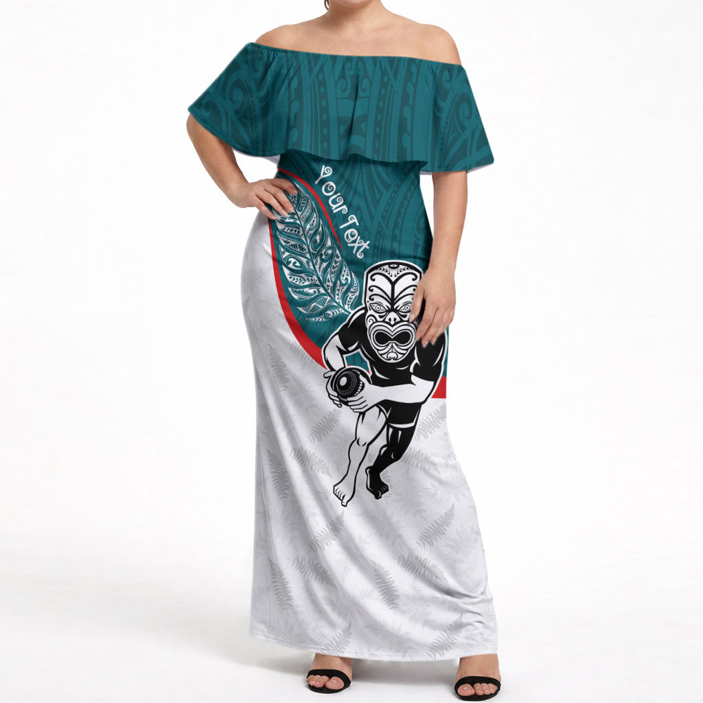 Personalised Aotearoa Lawn Bowls Off Shoulder Maxi Dress Maori Warrior and Silver Fern Sporty Style Teal