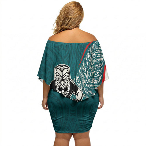 Personalised Aotearoa Lawn Bowls Off Shoulder Short Dress Maori Warrior and Silver Fern Sporty Style Teal