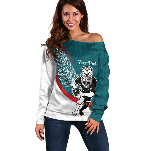 Personalised Aotearoa Lawn Bowls Off Shoulder Sweater Maori Warrior and Silver Fern Sporty Style Teal