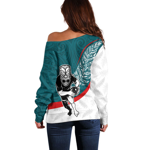 Personalised Aotearoa Lawn Bowls Off Shoulder Sweater Maori Warrior and Silver Fern Sporty Style Teal