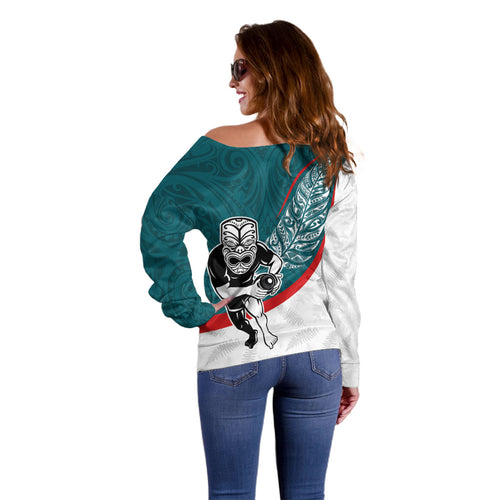 Personalised Aotearoa Lawn Bowls Off Shoulder Sweater Maori Warrior and Silver Fern Sporty Style Teal
