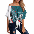 Personalised Aotearoa Lawn Bowls Off Shoulder Wrap Waist Top Maori Warrior and Silver Fern Sporty Style Teal