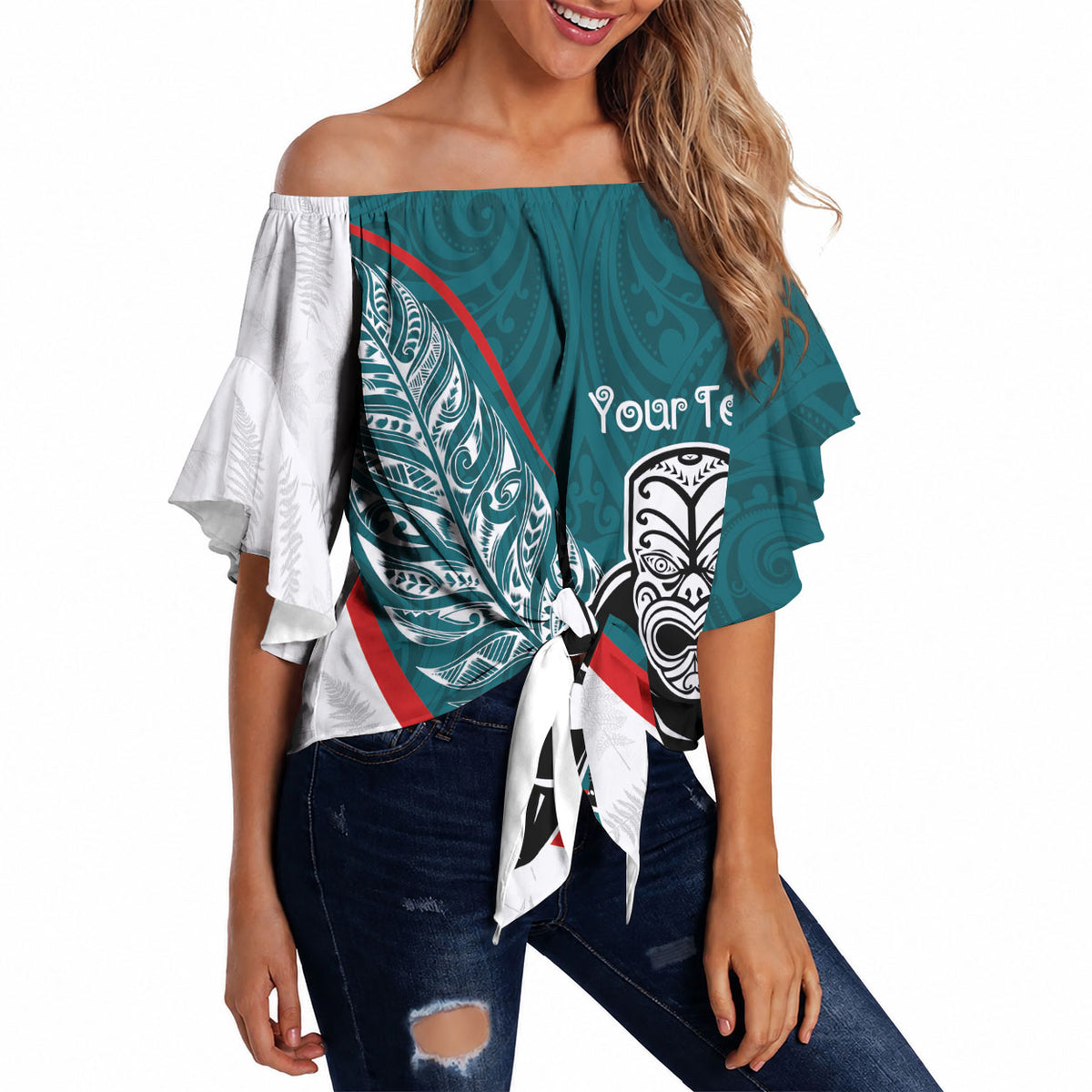 Personalised Aotearoa Lawn Bowls Off Shoulder Wrap Waist Top Maori Warrior and Silver Fern Sporty Style Teal