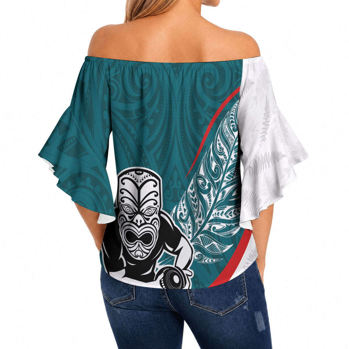 Personalised Aotearoa Lawn Bowls Off Shoulder Wrap Waist Top Maori Warrior and Silver Fern Sporty Style Teal