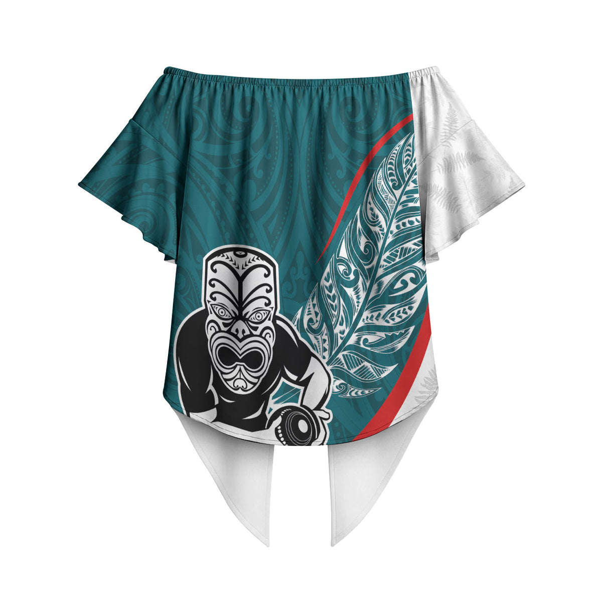 Personalised Aotearoa Lawn Bowls Off Shoulder Wrap Waist Top Maori Warrior and Silver Fern Sporty Style Teal
