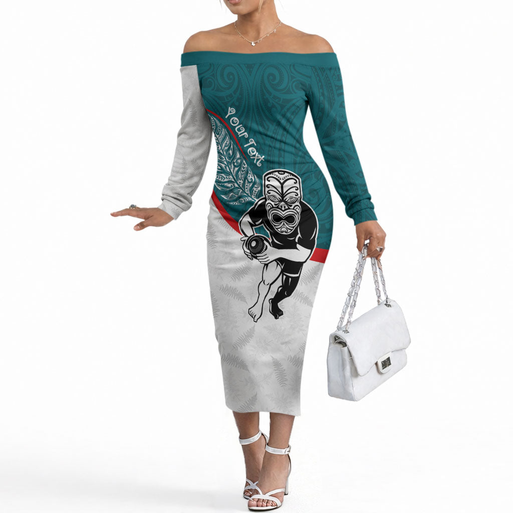 Personalised Aotearoa Lawn Bowls Off The Shoulder Long Sleeve Dress Maori Warrior and Silver Fern Sporty Style Teal