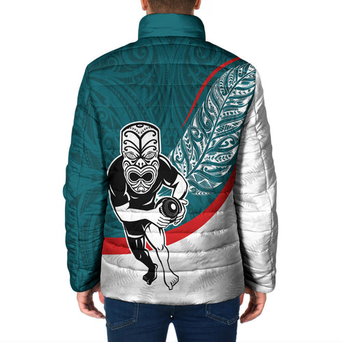 Personalised Aotearoa Lawn Bowls Padded Jacket Maori Warrior and Silver Fern Sporty Style Teal
