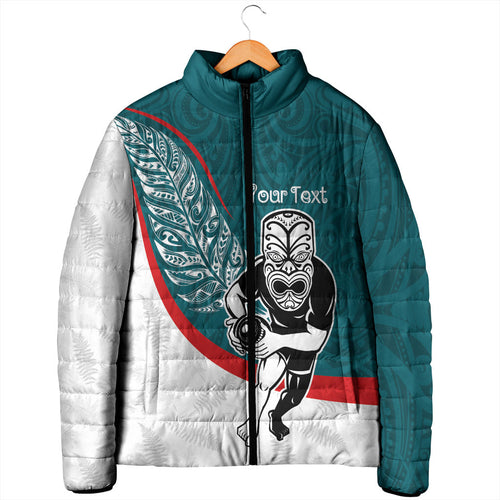 Personalised Aotearoa Lawn Bowls Padded Jacket Maori Warrior and Silver Fern Sporty Style Teal