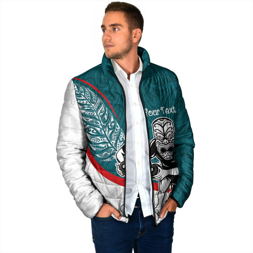 Personalised Aotearoa Lawn Bowls Padded Jacket Maori Warrior and Silver Fern Sporty Style Teal