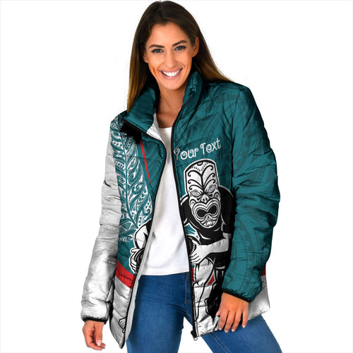 Personalised Aotearoa Lawn Bowls Padded Jacket Maori Warrior and Silver Fern Sporty Style Teal