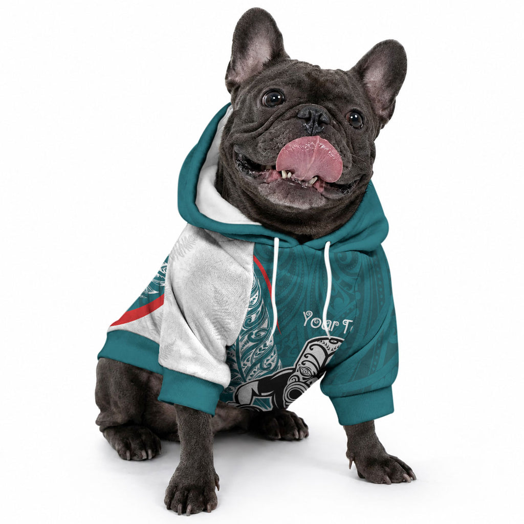 Personalised Aotearoa Lawn Bowls Pet Hoodie Maori Warrior and Silver Fern Sporty Style Teal