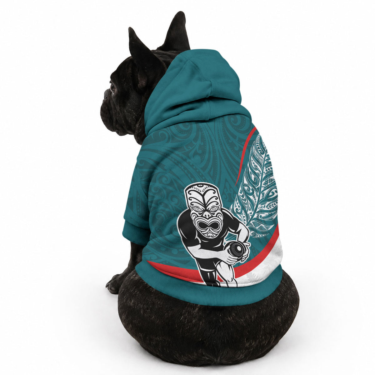 Personalised Aotearoa Lawn Bowls Pet Hoodie Maori Warrior and Silver Fern Sporty Style Teal