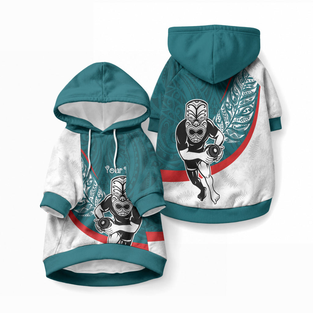 Personalised Aotearoa Lawn Bowls Pet Hoodie Maori Warrior and Silver Fern Sporty Style Teal