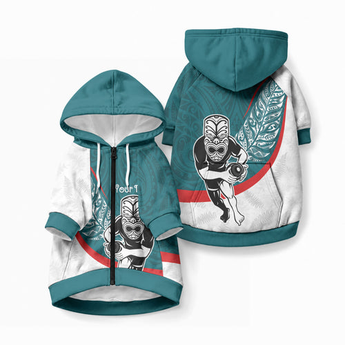 Personalised Aotearoa Lawn Bowls Pet Hoodie Maori Warrior and Silver Fern Sporty Style Teal