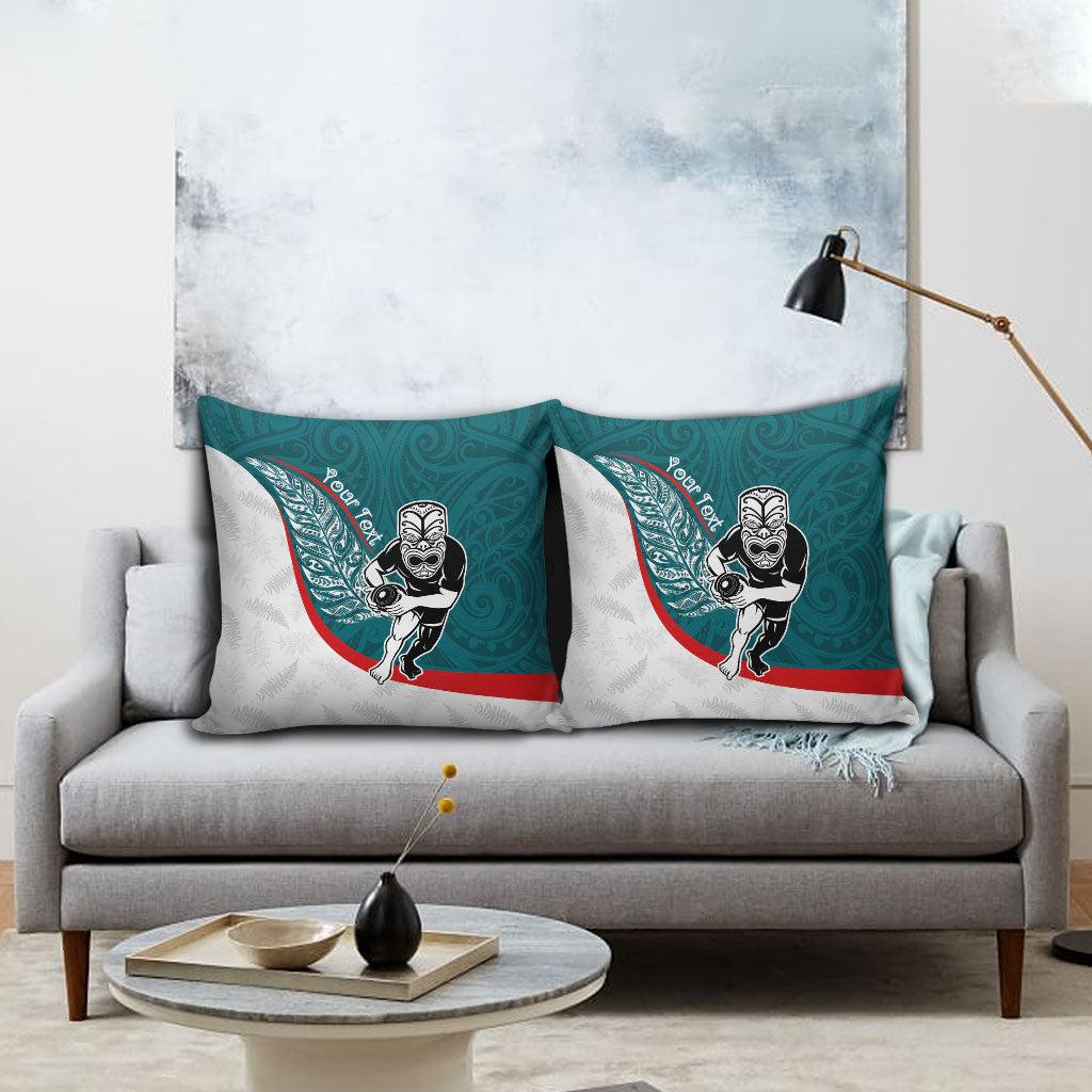 Personalised Aotearoa Lawn Bowls Pillow Cover Maori Warrior and Silver Fern Sporty Style Teal